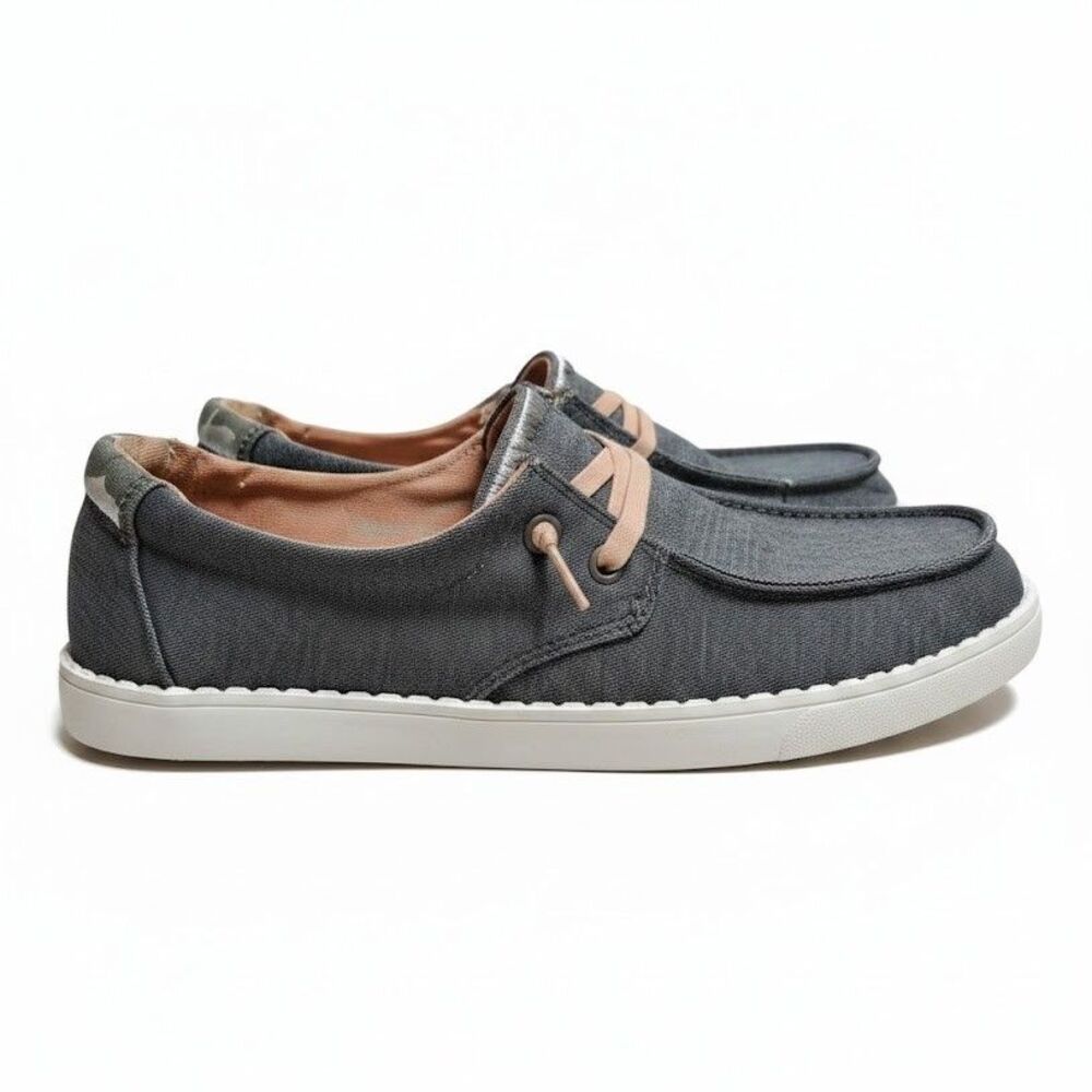 Hey Dude Wendy Boho Women’s Grey Pink Canvas Slip On Embroidered Logo Shoes Sz 7
